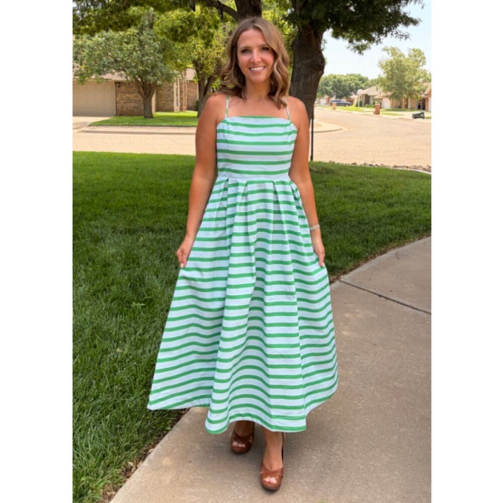 ENGLISH FACTORY Pleated Stripe Midi Dress in Green Stripe Size Medium